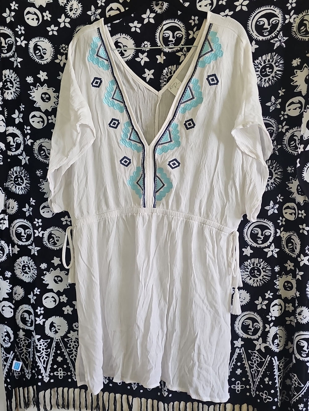Kona Sol White Swim Coverup with Turquoise & Navy Embroidery